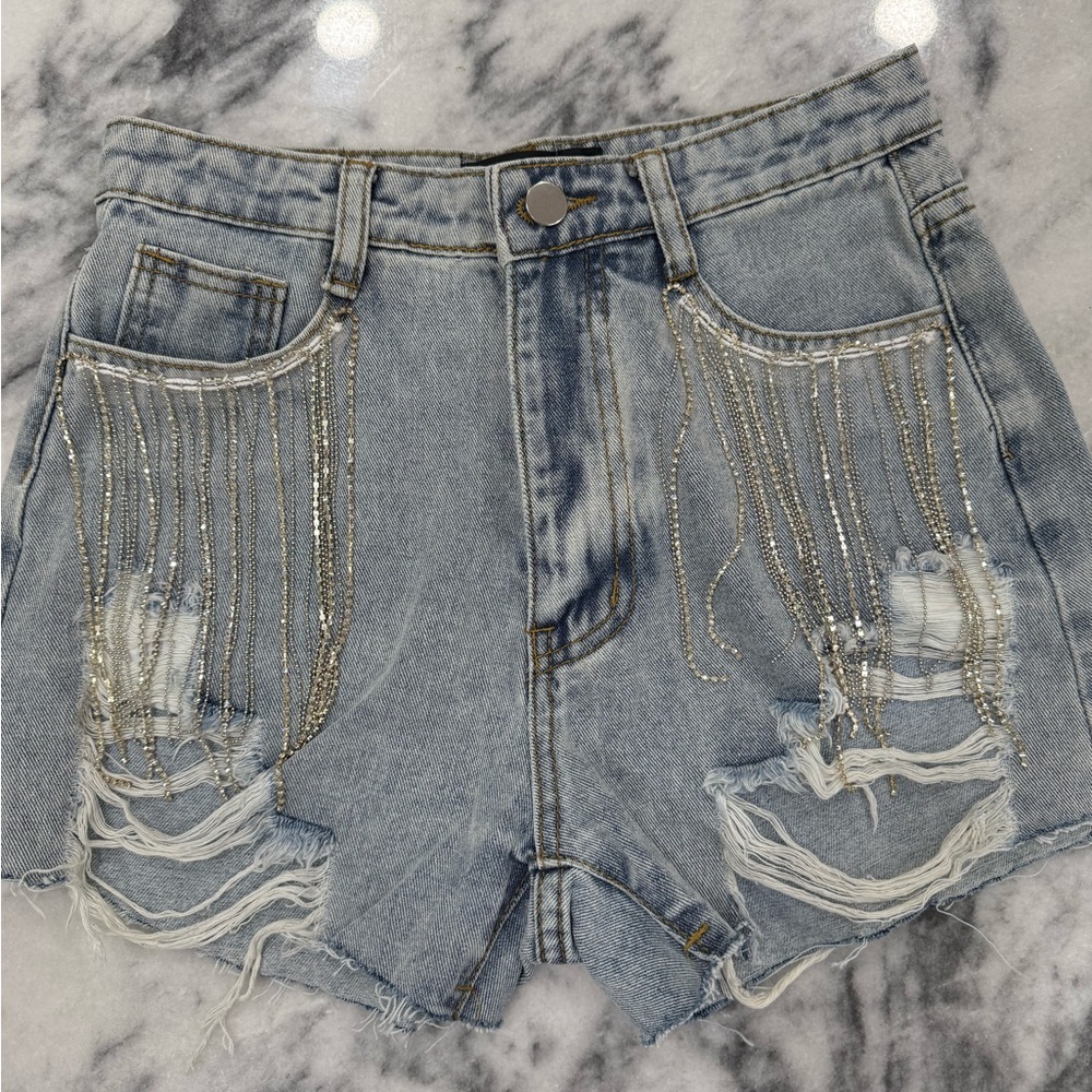 Blue and Silver Jean Shorts with Distressed Design and Metallic Fringe